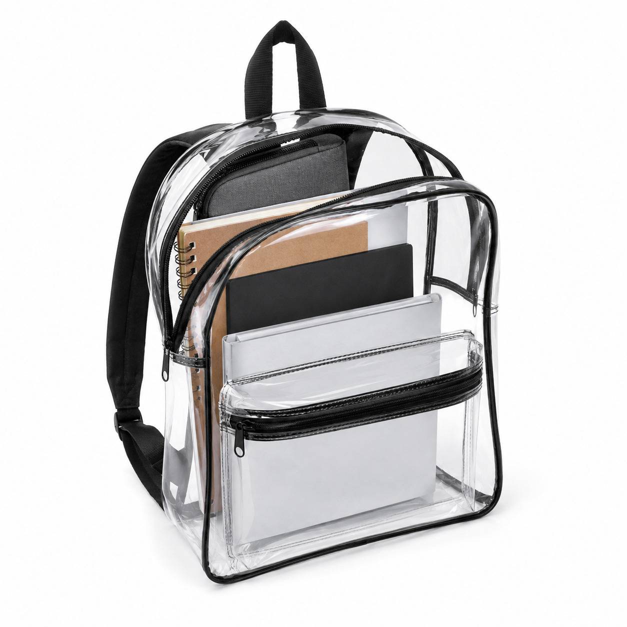 Clear backpack packed with notebooks and folders, angled product view