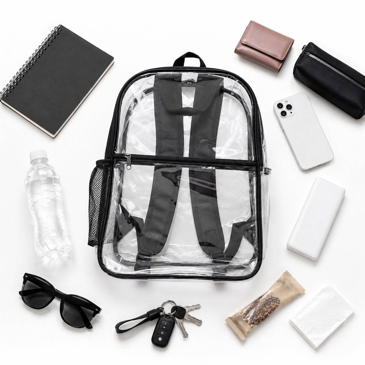 Clear backpack surrounded by sunglasses, keys, water bottle, snacks, and travel essentials