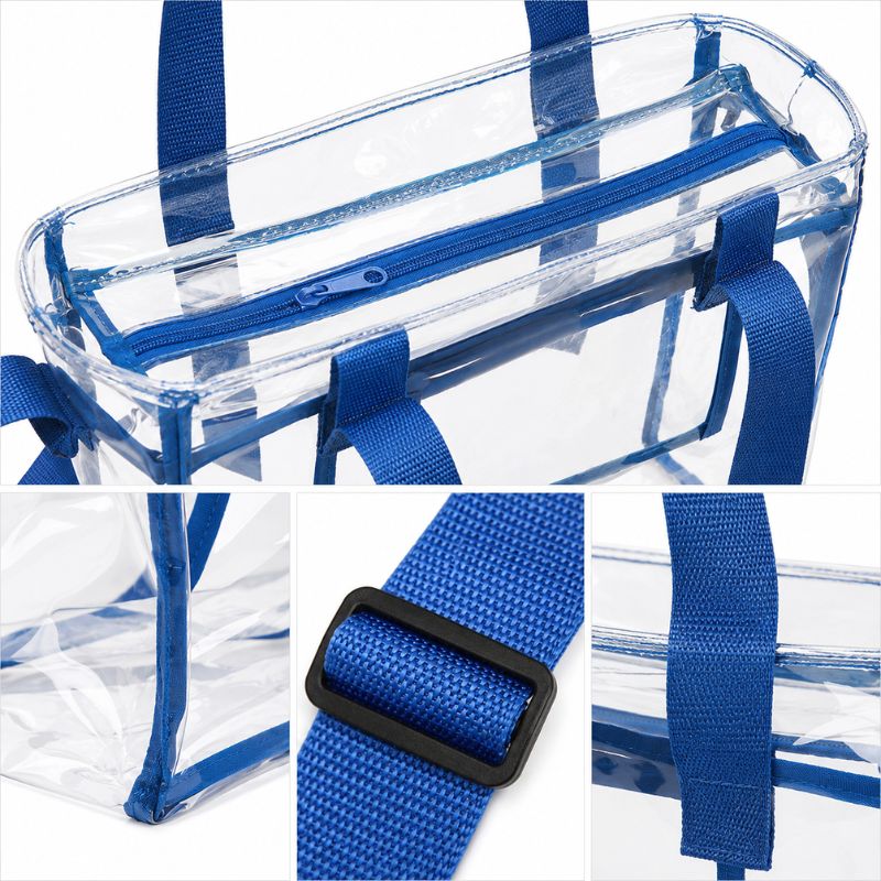 Close-up views of the royal blue zipper, webbing strap, buckle, handle stitching and clear PVC seams.
