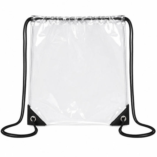 Clear drawstring backpack bag shown flat and empty with black corner accents.