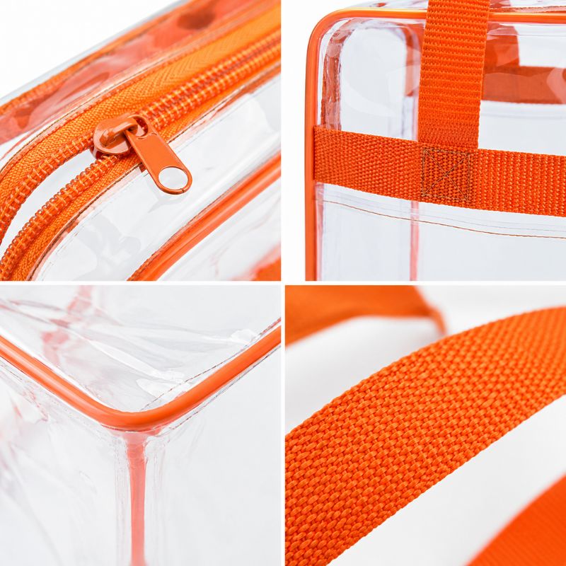 Close-up detail collage of the clear stadium tote showing the zipper pulls, handle stitching, corner seam, and orange strap material.