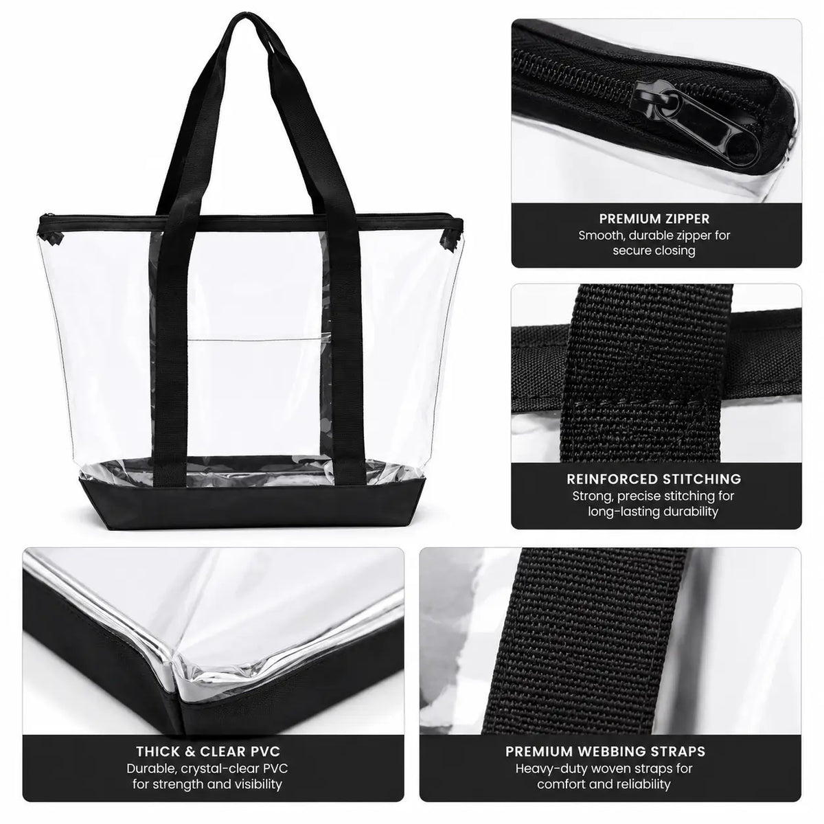 Close-up of black zipper, straps and reinforced bottom on large clear tote bag