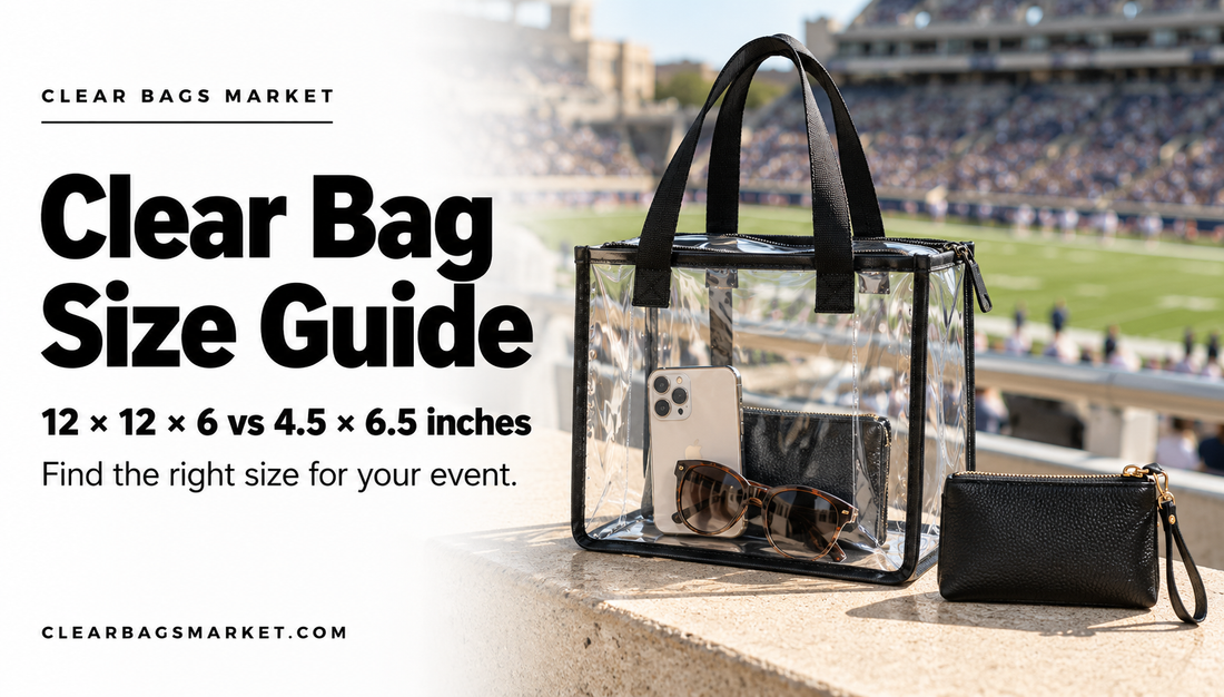Clear stadium tote beside a small black wristlet, illustrating the 12 × 12 × 6-inch bag and 4.5 × 6.5-inch clutch size guide.