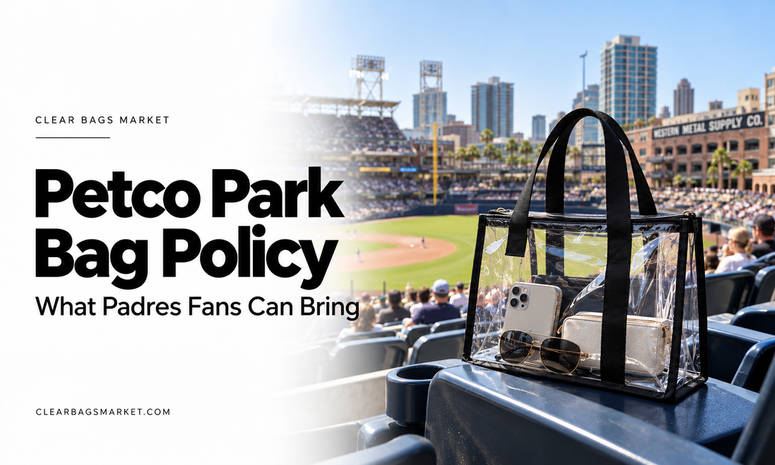 Clear tote bag with black trim on a stadium seat at Petco Park, beside the headline “Petco Park Bag Policy.