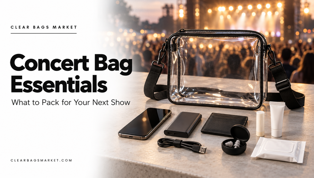 Clear concert bag with a phone, portable charger, card wallet, earplugs, lip balm, sunscreen and wipes arranged beside it.