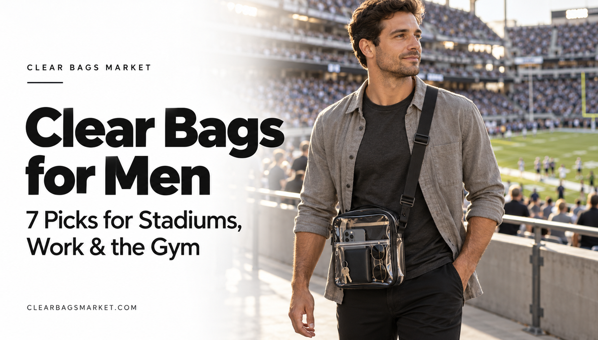 Man wearing a clear crossbody bag with black trim at a football stadium, carrying a phone, wallet, keys and sunglasses.