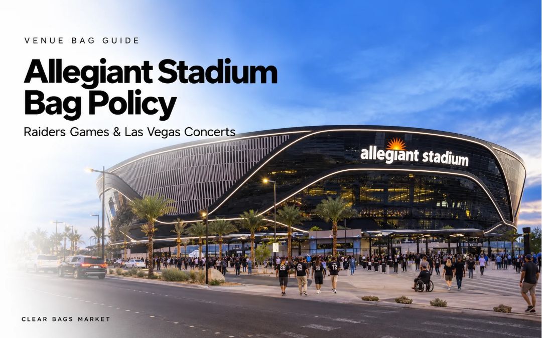 Allegiant Stadium entrance with fans arriving at dusk, beneath a headline about bag policy for Raiders games and Las Vegas concerts.