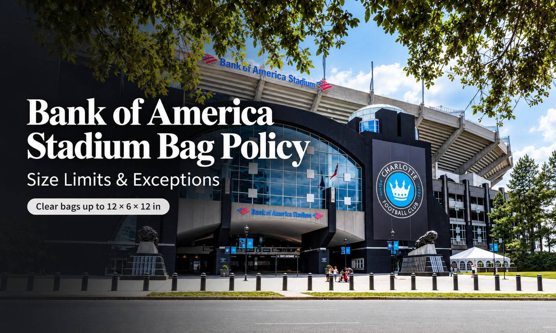 Bank of America Stadium entrance with bag policy size limits for clear bags and small bags.
