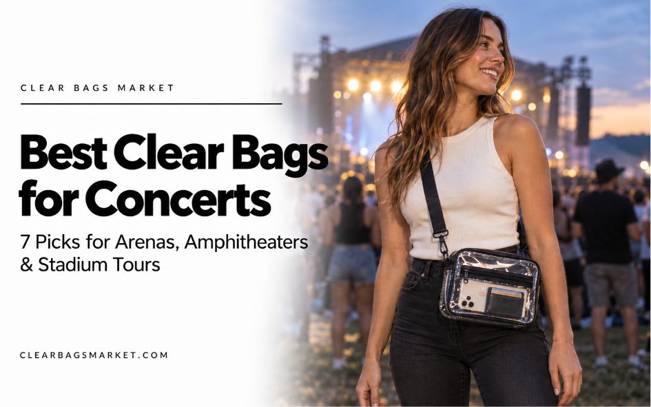Woman wearing a clear crossbody bag with black trim at an outdoor concert, beside the headline “Best Clear Bags for Concerts.”