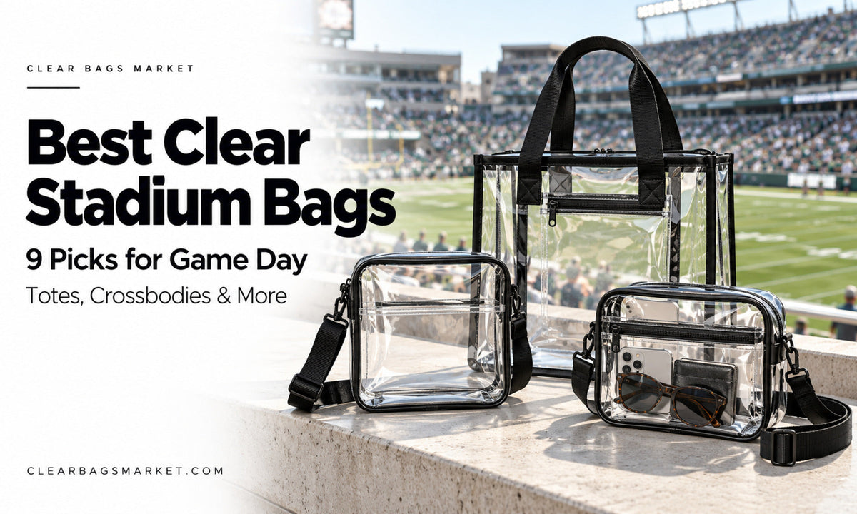 Clear tote and two crossbody bags with black trim displayed at a football stadium beside the headline “Best Clear Stadium Bags.