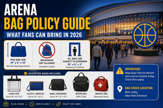 Chase Center bag policy 2026 infographic showing bag size limits, backpack restrictions, screening rules, and accepted bag types.