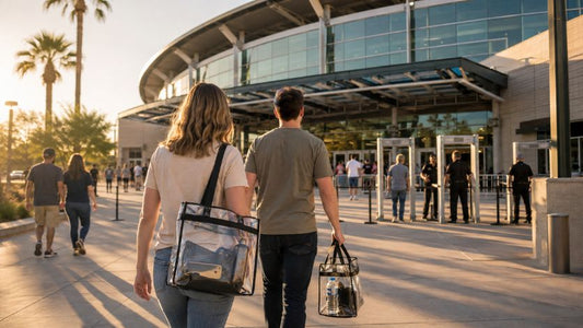 Fan holding a clear stadium bag at a ballpark entrance gate