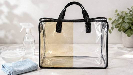 Before-and-after view of a yellowed clear PVC bag being cleaned to improve its transparency.