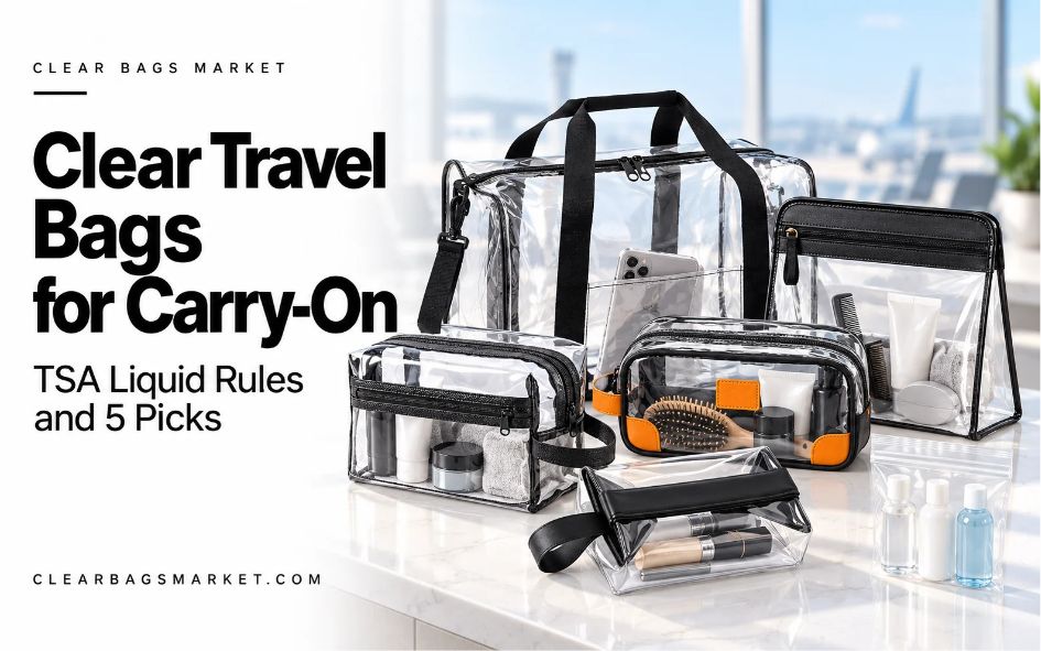 Five clear travel bags with toiletries and a separate zip-top liquids bag beside the headline “TSA Liquid Rules and 5 Picks.”
