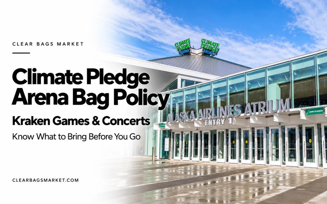 Climate Pledge Arena bag policy hero featuring the Alaska Airlines Atrium Entry 1 entrance and bold black text.