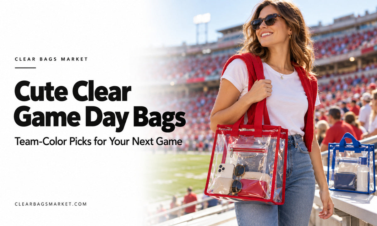 Woman carrying a clear tote with red trim at a football stadium, with a blue-trim clear bag on the bench beside her.