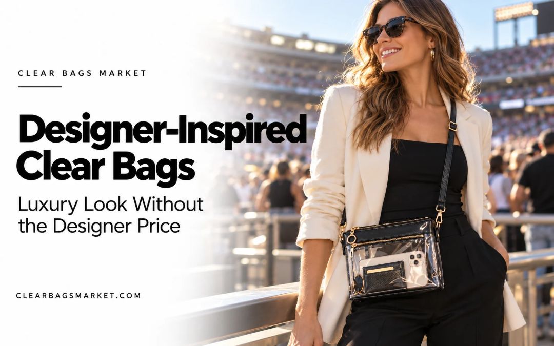 Woman wearing a designer-inspired clear crossbody bag with black trim and gold hardware at a stadium.