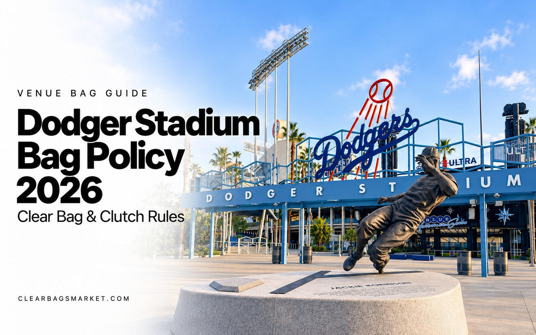 Dodger Stadium entrance and Jackie Robinson statue beside the headline “Dodger Stadium Bag Policy 2026: Clear Bag & Clutch Rules.”