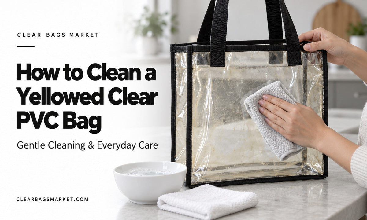 Hands gently cleaning a yellowed clear PVC tote with a microfiber cloth, beside a bowl of soapy water.