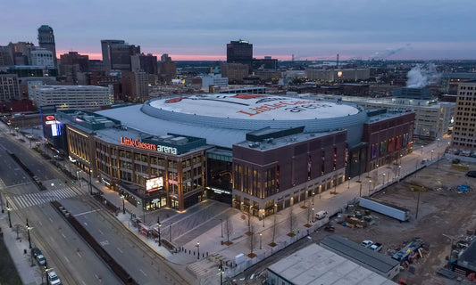 Exterior of Little Caesars Arena in Detroit, home to the Pistons and Red Wings