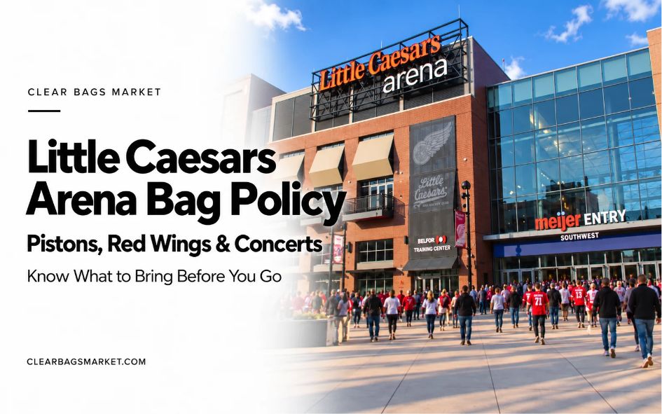 Little Caesars Arena’s Meijer Entry with fans approaching, beside the headline “Little Caesars Arena Bag Policy.”