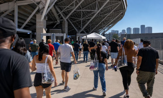 Fans lined up at a Lumen Field entrance gate holding clear bags before a Seahawks game