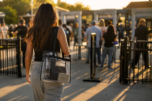 Fan carrying a clear stadium tote bag at an NFL stadium entrance
