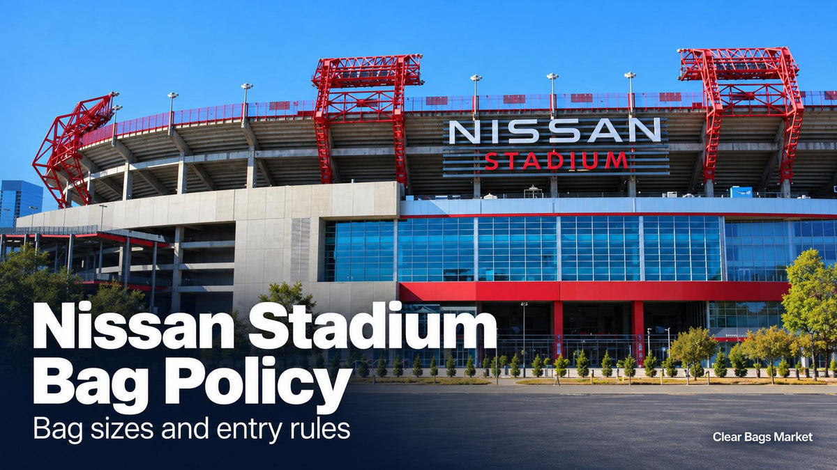 Nissan Stadium entrance with the title Nissan Stadium Bag Policy and a subtitle about bag sizes and entry rules.