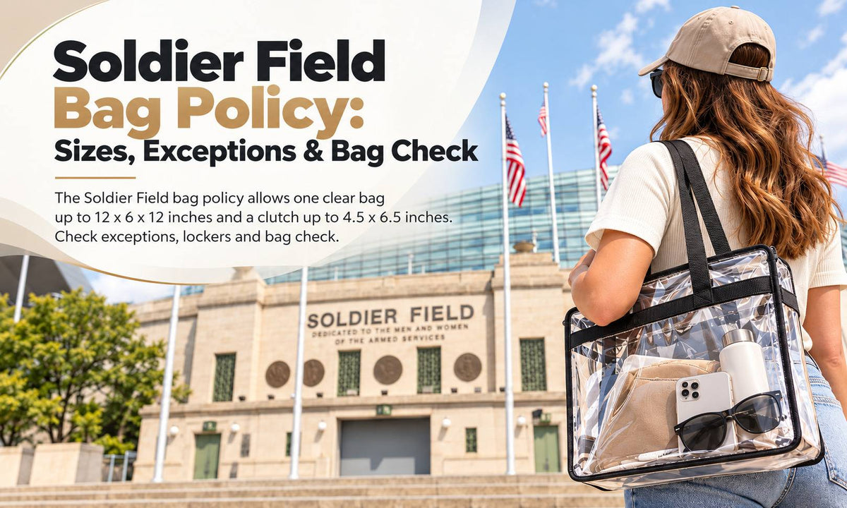 Woman carrying a clear stadium tote bag outside Soldier Field in Chicago, illustrating bag policy rules, permitted bag sizes, and security requirements.