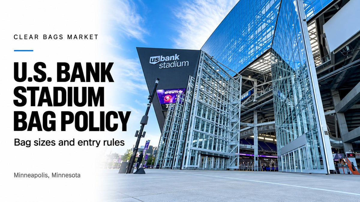 U.S. Bank Stadium exterior in Minneapolis beside the title U.S. Bank Stadium Bag Policy.