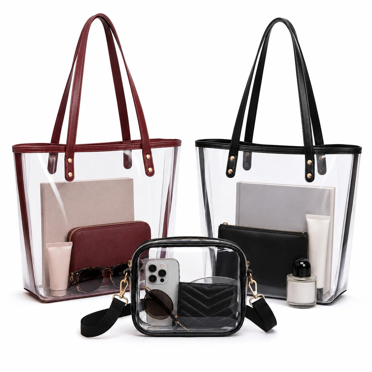 Curated clear bags including burgundy and black totes and a crossbody bag