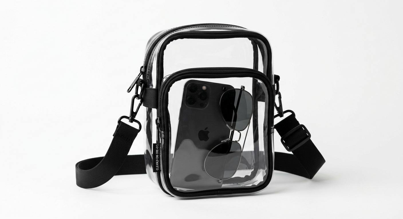 Clear crossbody bag with black trim and adjustable strap