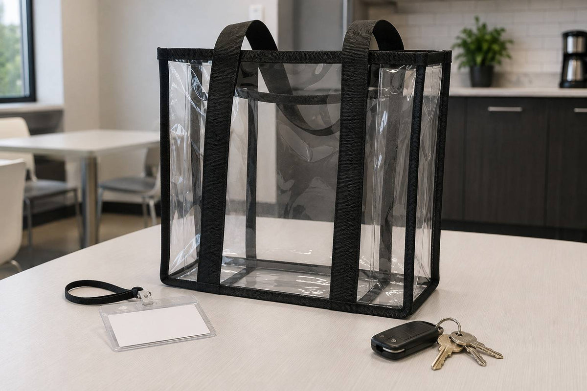 Clear tote bag with black trim for workplace bag-check policies
