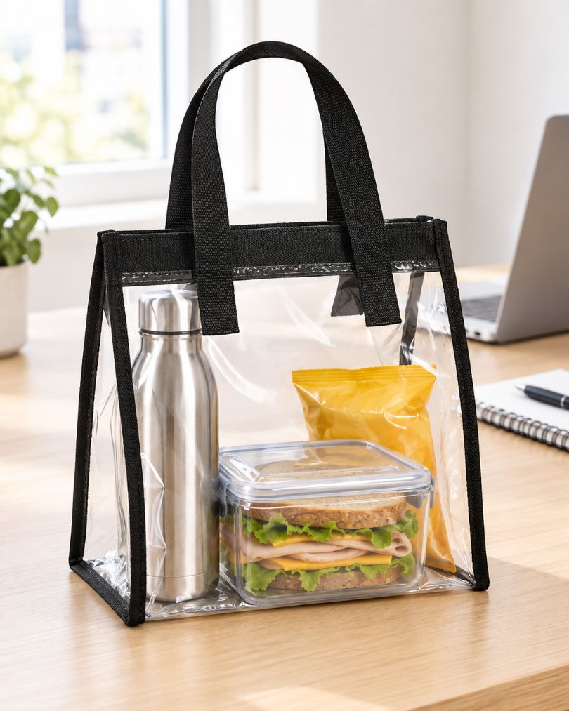 Clear lunch bag tote with visible contents on an office desk