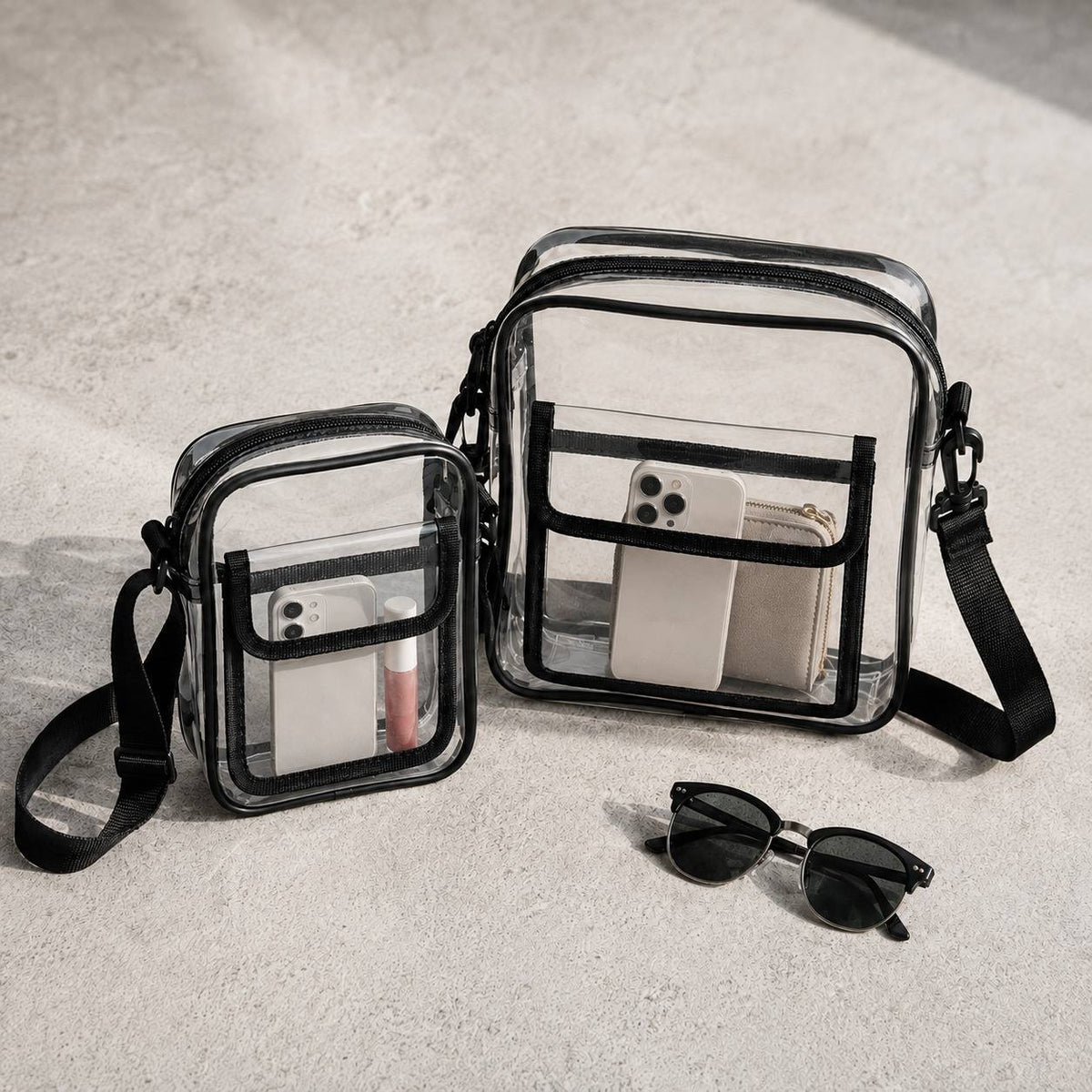 Clear messenger bags collection, compact and bottle-holder styles, stadium approved