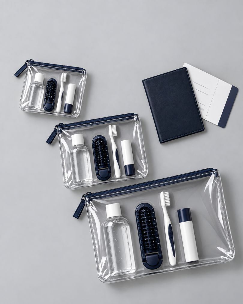 Clear toiletry bags in quart, medium, and large sizes for TSA-size travel packing