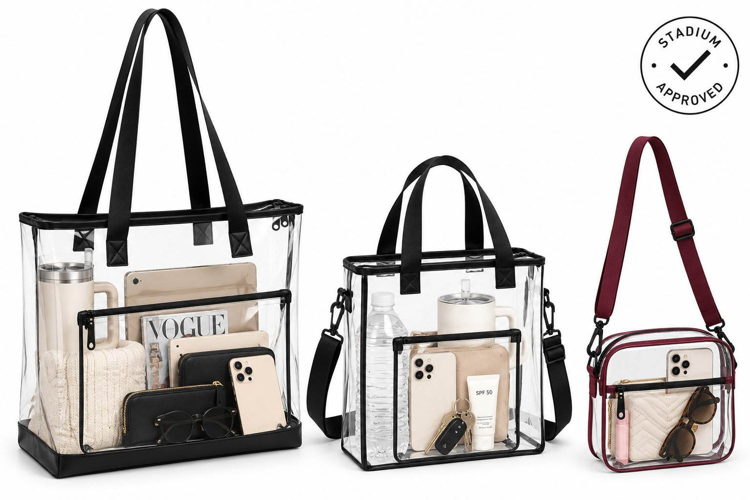 Three clear tote bags in different sizes with black and burgundy trim