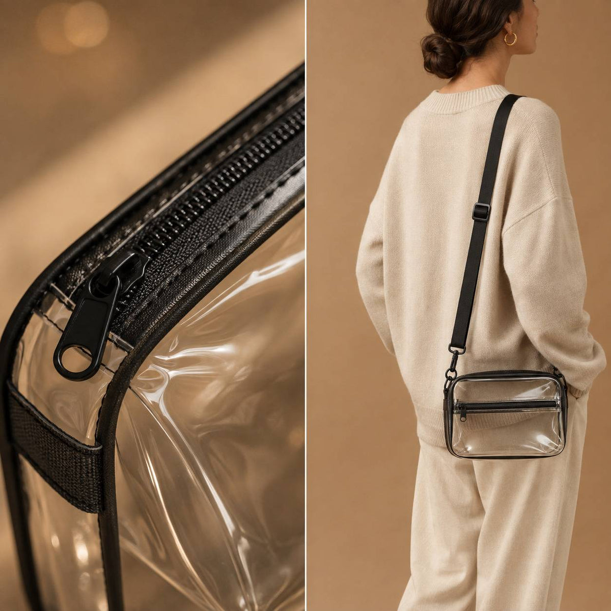 Clear vinyl material close-up beside a woman carrying a clear vinyl crossbody bag with black trim.