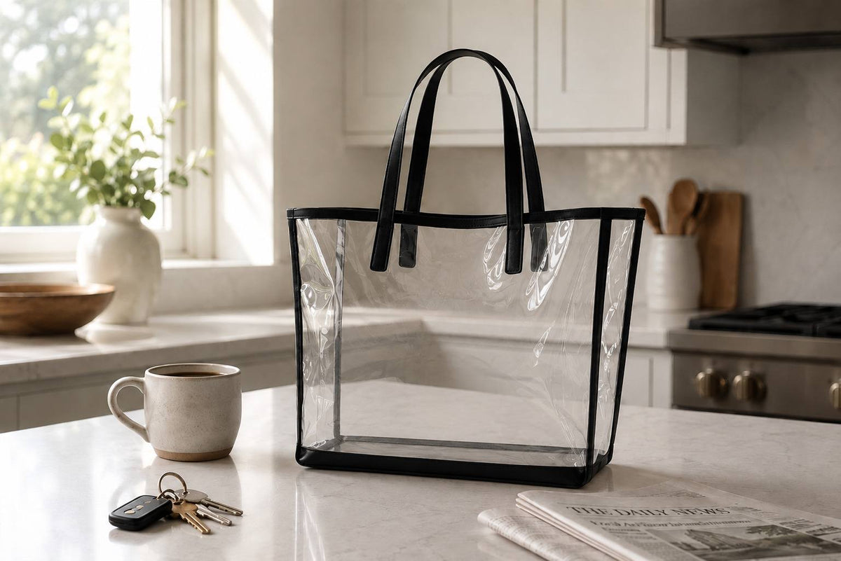 Clear tote bag with black trim for everyday errands and carry