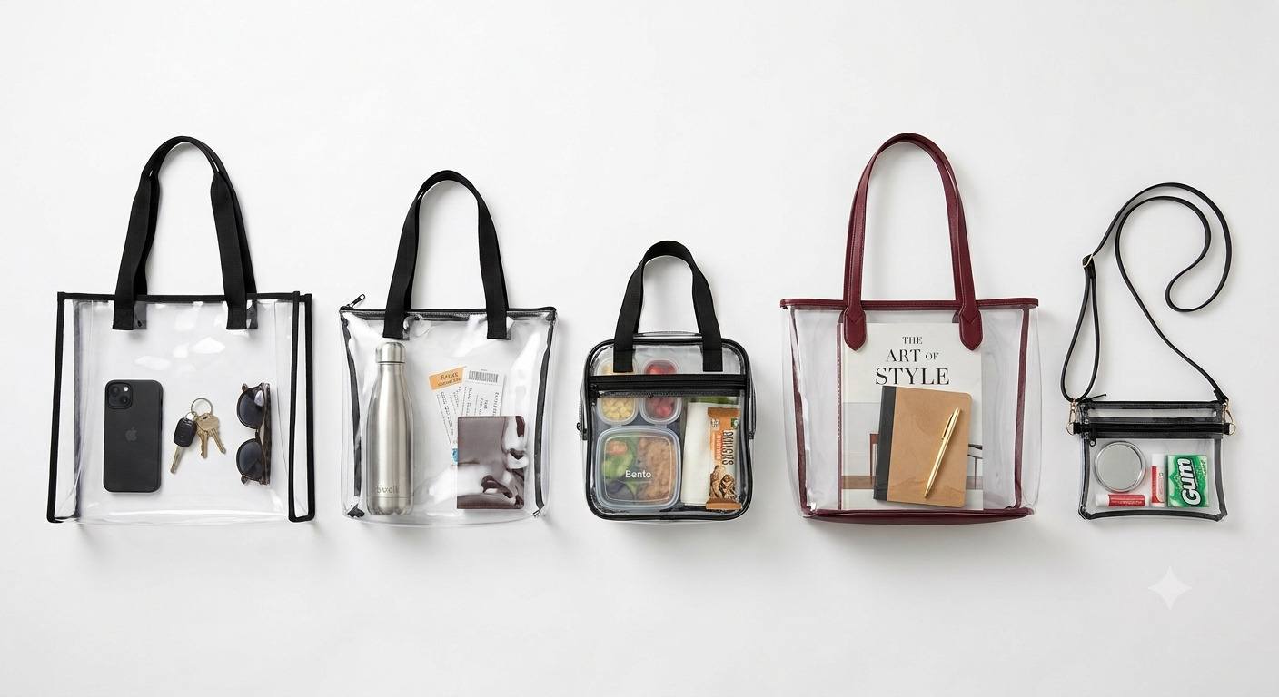 A curated selection of clear bags including totes, crossbody and lunch bags