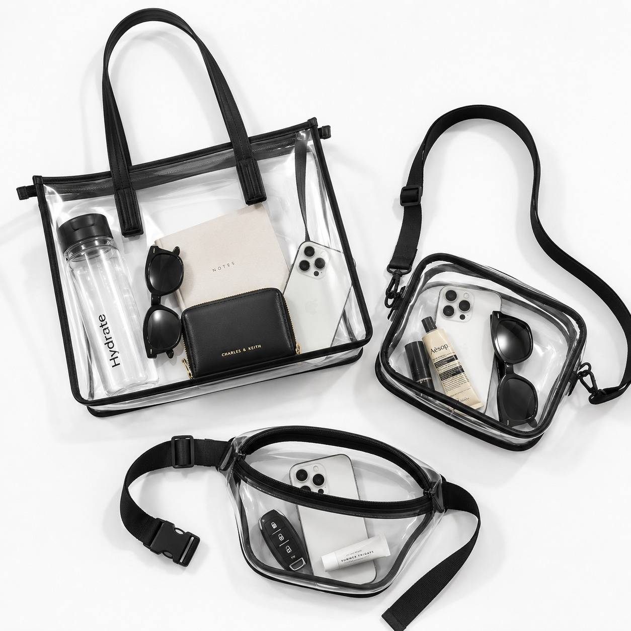 New clear bag styles including totes and crossbody bags