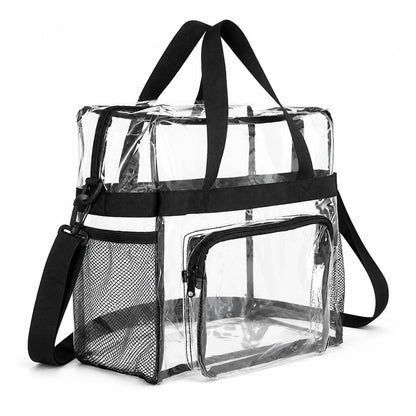 12x12x6 clear tote bag with handles, adjustable strap, and mesh bottle holder pockets