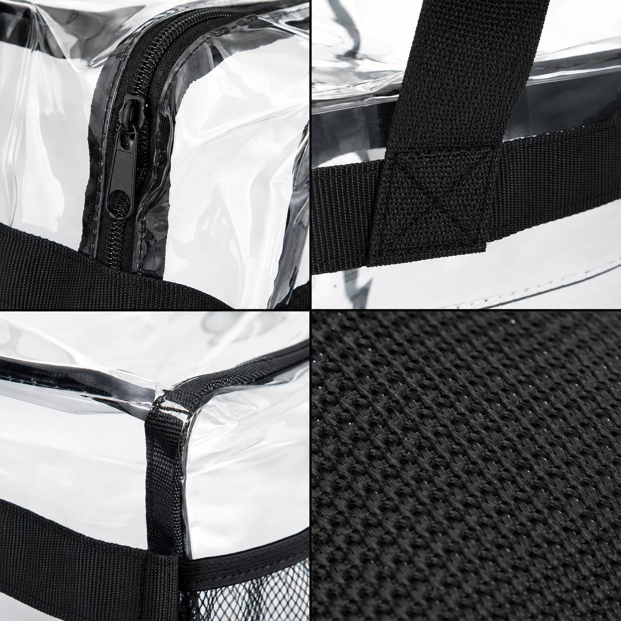 Close-up details of a clear tote bag: zipper pull, handle stitching, seam trim, mesh pocket texture