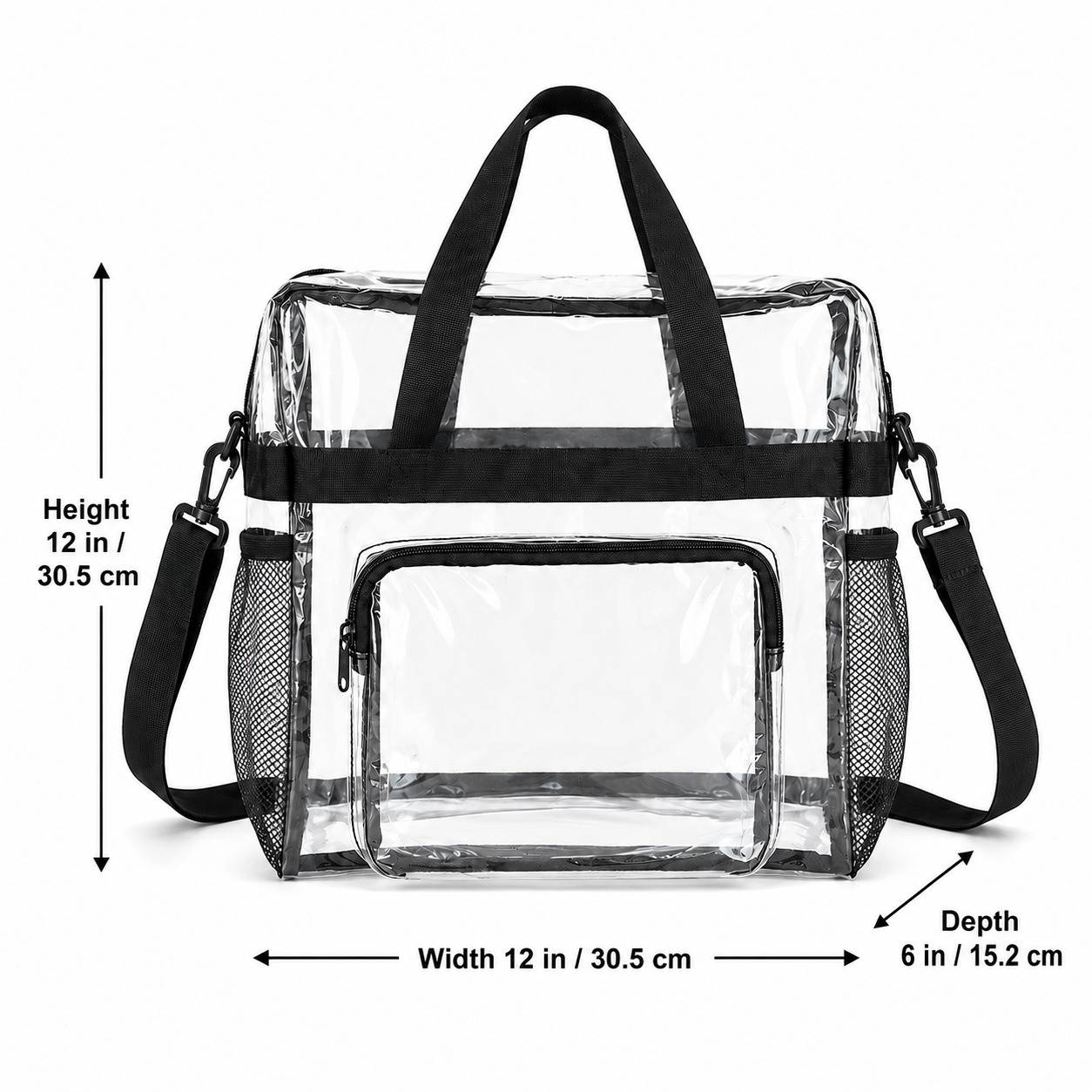 Clear tote bag dimensions: 12 inches wide, 12 inches high, 6 inches deep