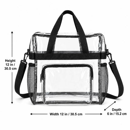 Clear tote bag dimensions: 12 inches wide, 12 inches high, 6 inches deep