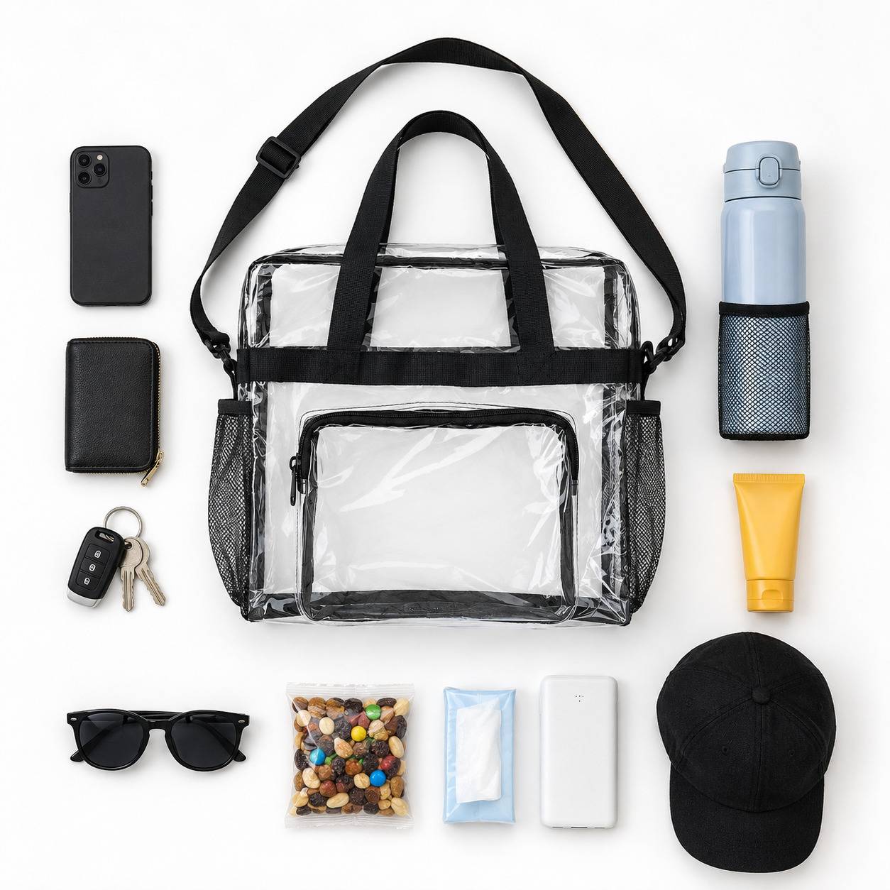 Clear tote bag surrounded by phone, wallet, keys, sunglasses, water bottle, cap, and snacks