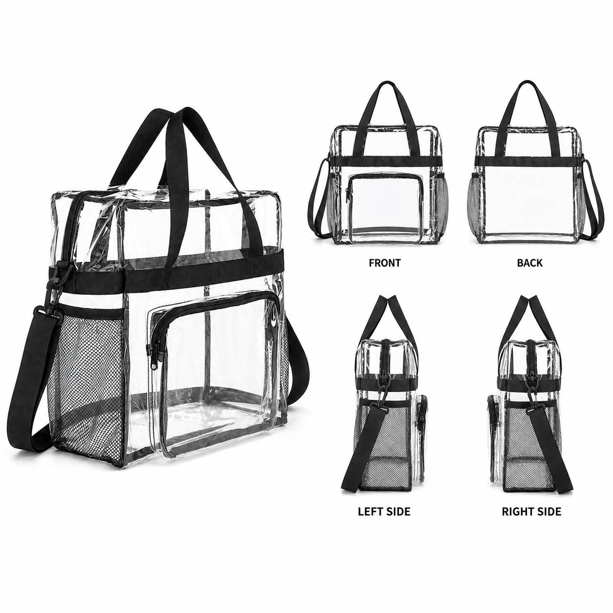 Clear tote bag with bottle holders shown from front, back, left side, and right side