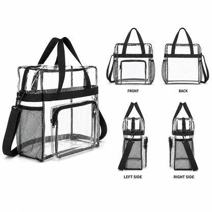 Clear tote bag with bottle holders shown from front, back, left side, and right side