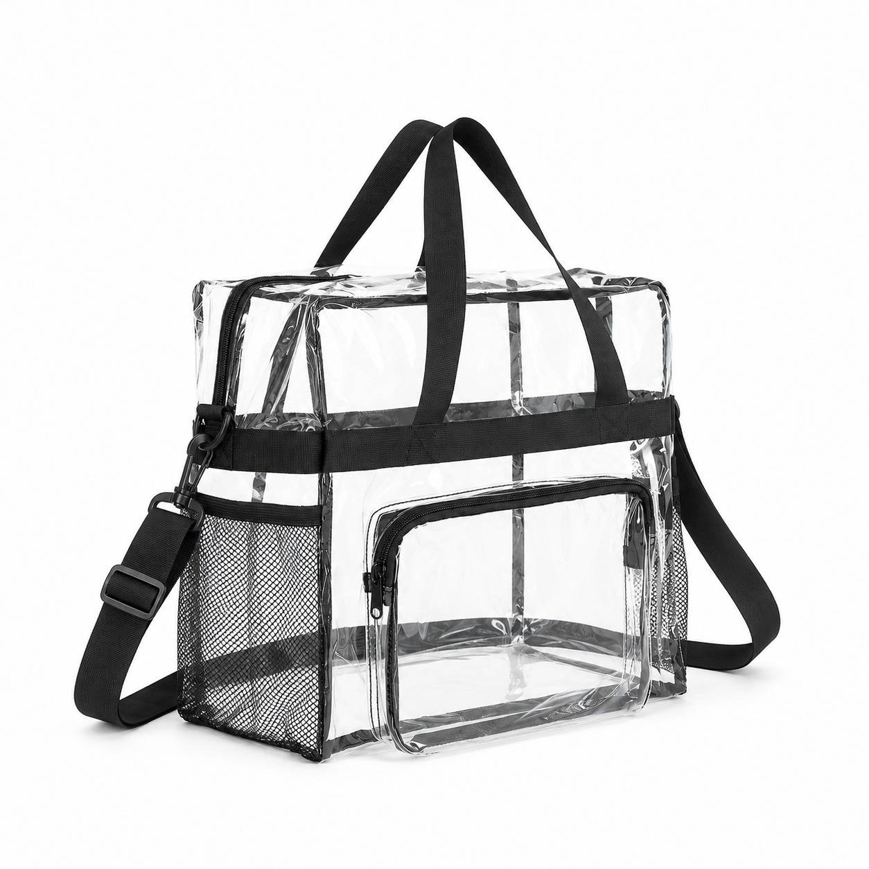 12x12x6 clear tote bag with mesh bottle holders, empty, angled product view