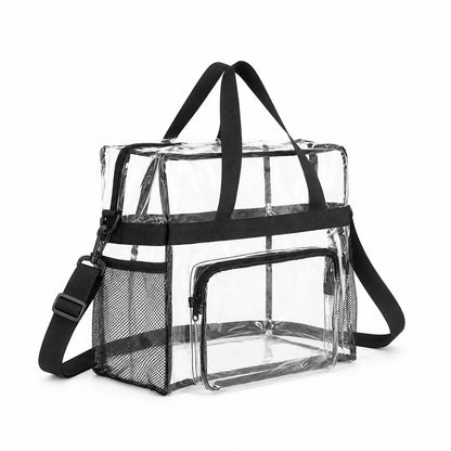12x12x6 clear tote bag with mesh bottle holders, empty, angled product view